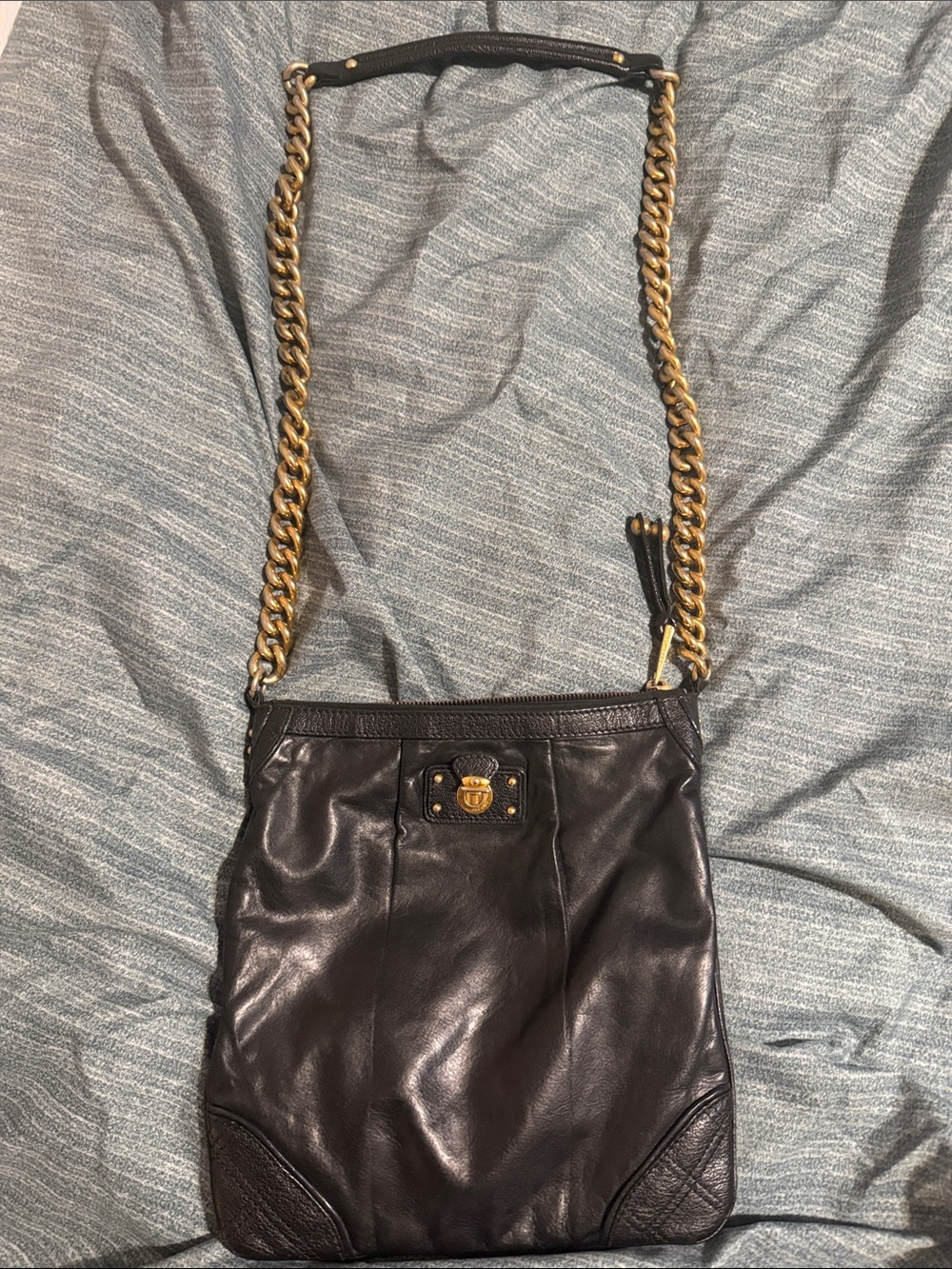 Marc Jacobs Black Leather Shoulder Bag with Gold Chain Detail